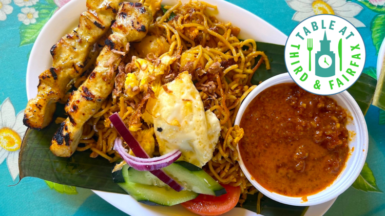 Singapores Banana Leaf chicken satay and mee goreng noodles with peanut sauce