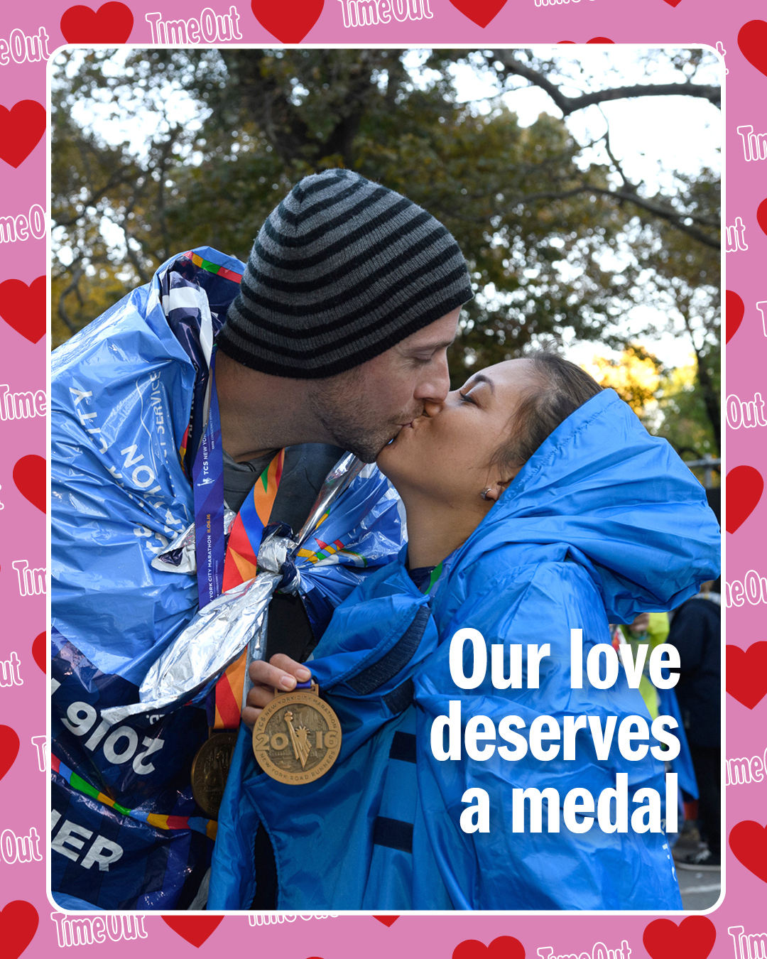 An NYC Valentine card with an NY Marathon medal reading "Our love deserves a medal." 