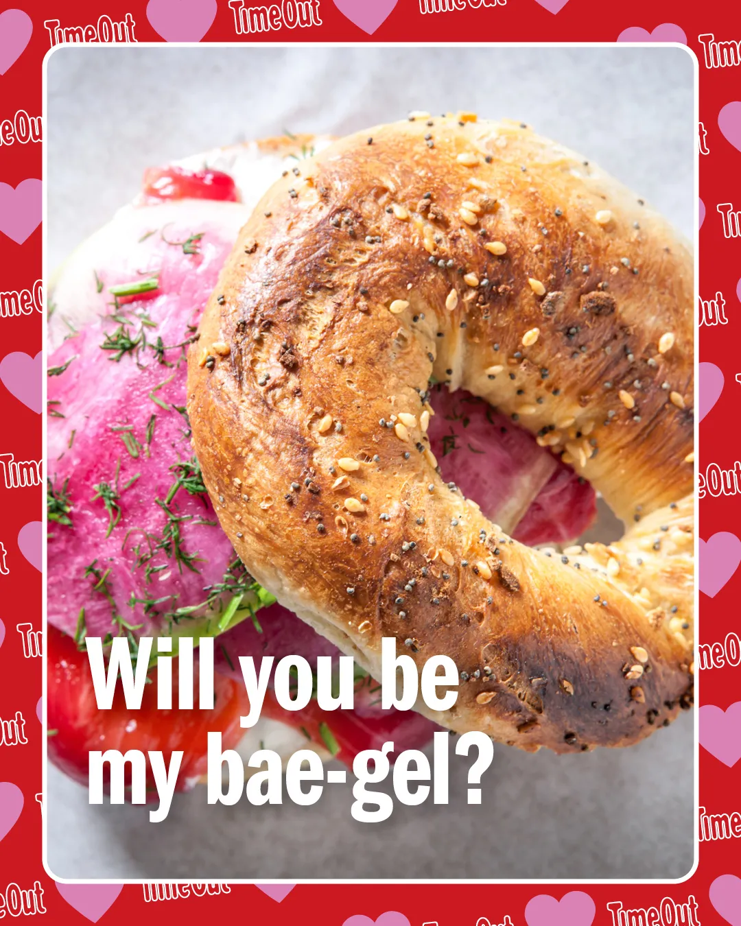 An NYC Valentine card with a photo of a bagel reading "Will you be my bae-gel?"