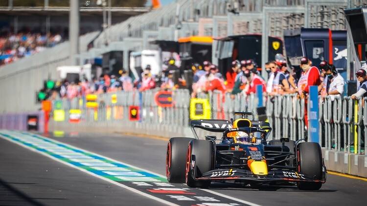 A Red Bull F1 racing car on the circuit.