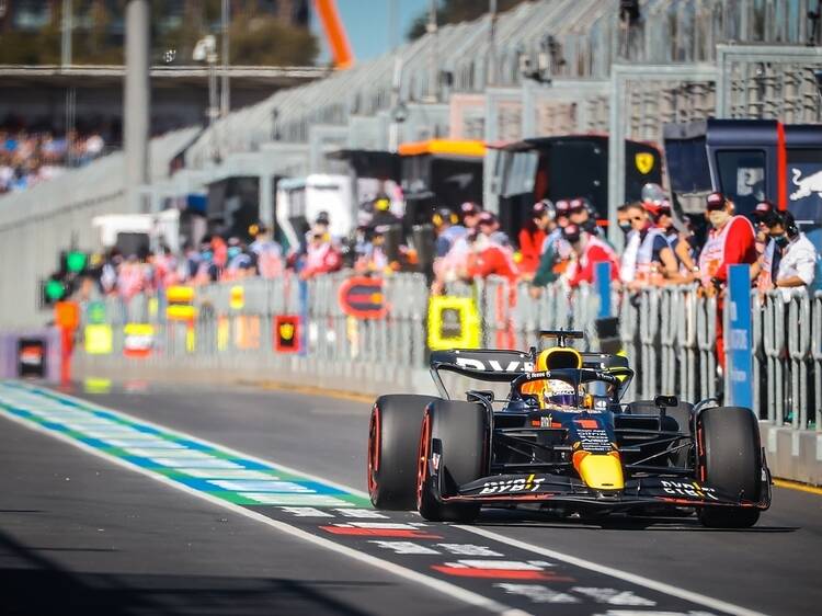 A Red Bull F1 racing car on the circuit.