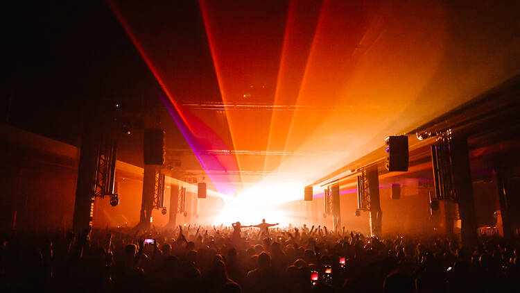 Warehouse project room with red lights 