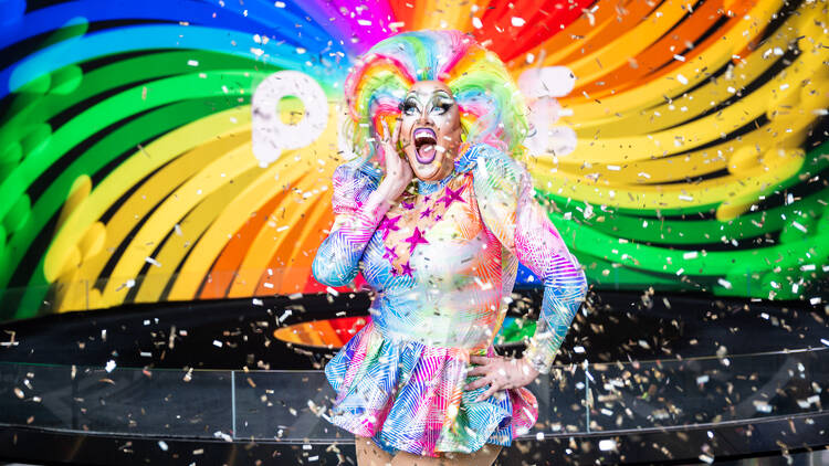 Drag Queen Kita Mean in an amazing rainbow outfit at The Star