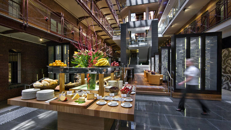 A buffet breakfast laid out at the Rialto hotel.