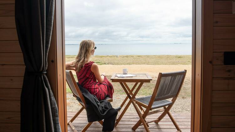 Looking out at the ocean from inside a Bellarine Beach Pod