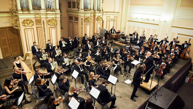 The Lviv National Philharmonic Orchestra of Ukraine on stage. 