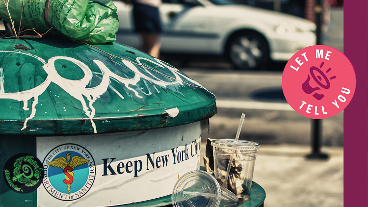 Trashcan with sign “Keep New York Clean” on a street of Manhattan. 