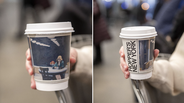The Edward Hopper Coffee Cup in front of the Washington Square Park arch