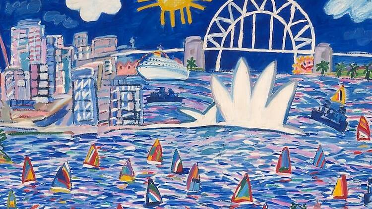 Colourful painting showing a sunny Sydney Harbour dotted with small sail boats.