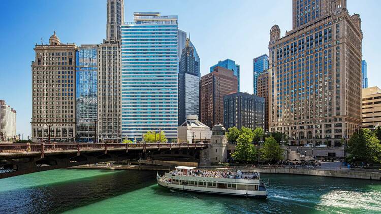 The Chicago River with buildings in the background.