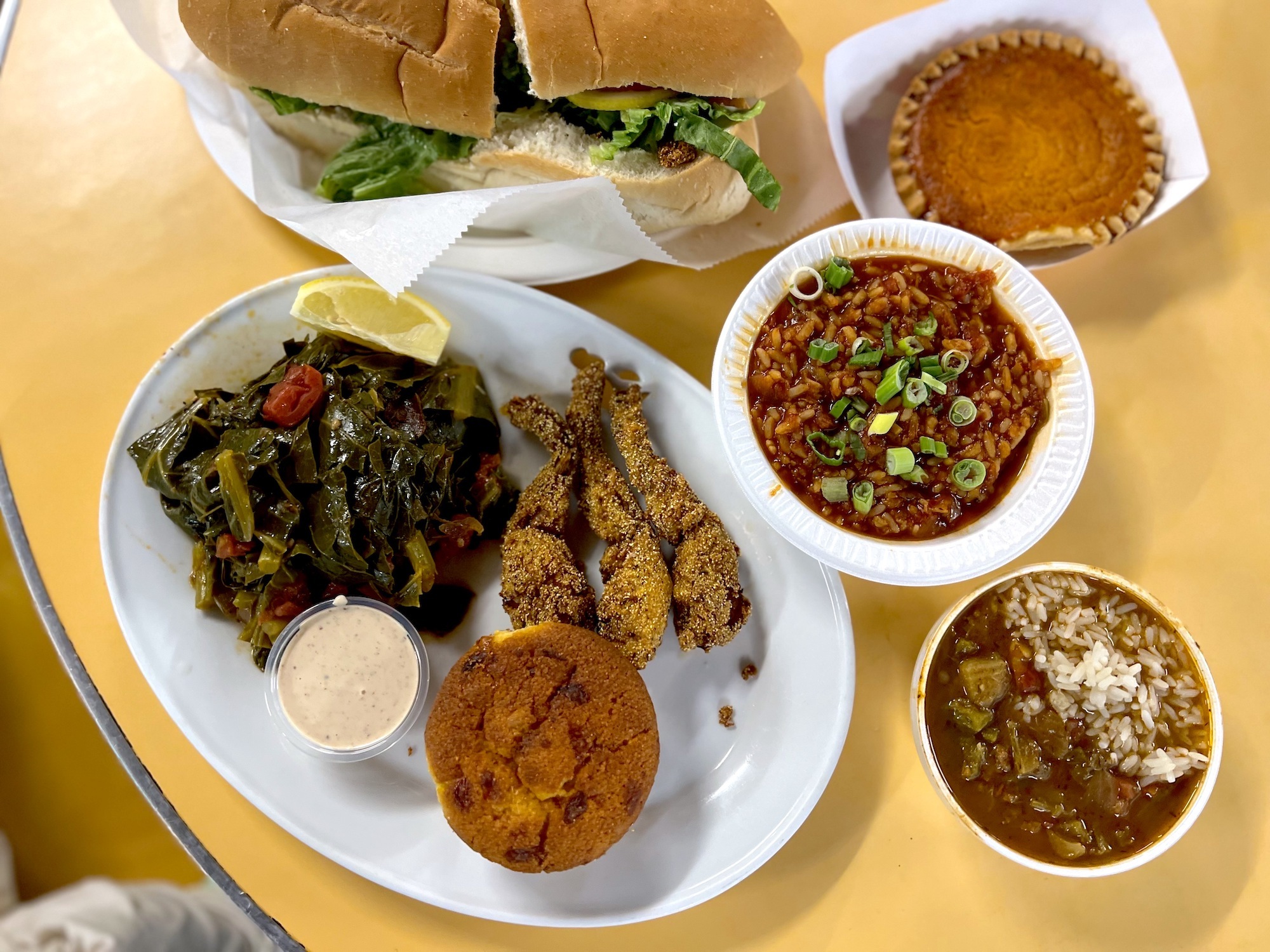 The frog legs, gumbo, jambalaya, po’boy and sweet potato pie at the Gumbo Pot.