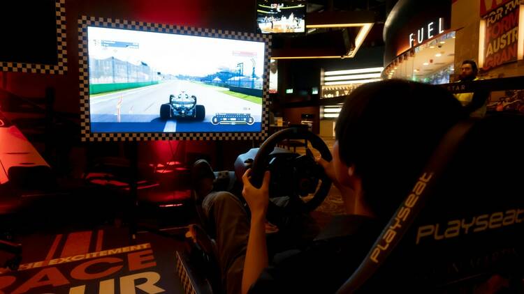 A person with short hair faces the screen and holds a steering playing a Formula 1 racing simulator.