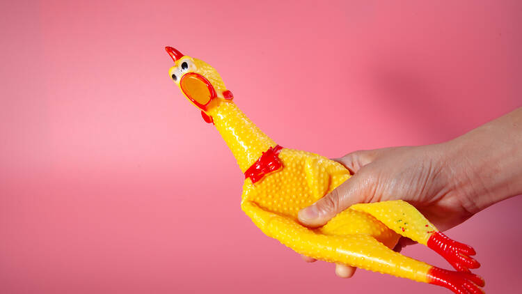 On a pink back ground someone is holding a yellow rubber chicken 