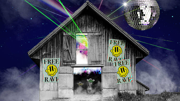 A barn with 'free rave' stickers on the front