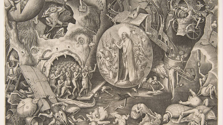 A black-and-white painting showing "The Last Judgment." 