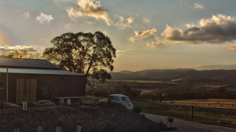 A sunset overlooking a gin distillery.