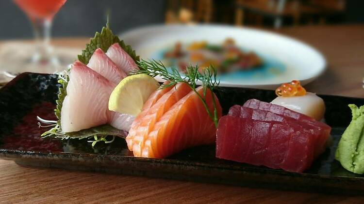 A platter of tuna, salmon and yellowfin sashimi.