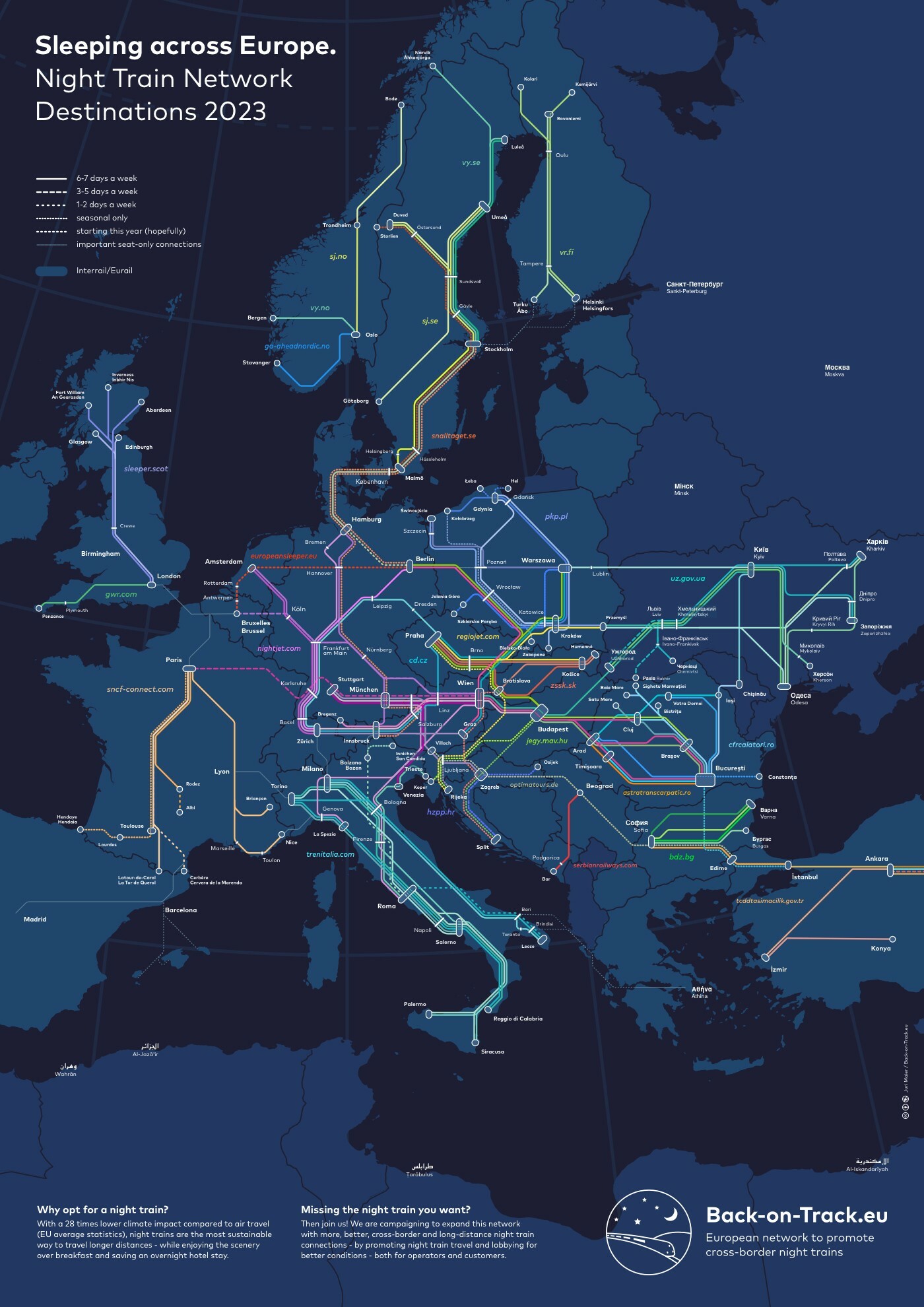 Europe railway map with travel times –