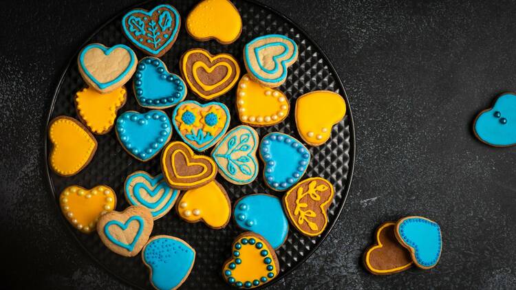 BakeForUkraine yellow and blue heart-shaped biscuits 
