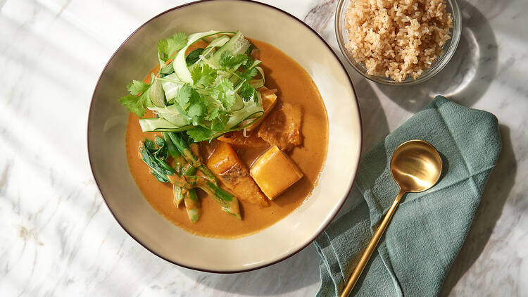 Bill's coconut curry with kailan, tofu, squash and brown rice