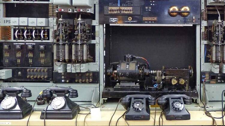 Old telephone equipment in a museum