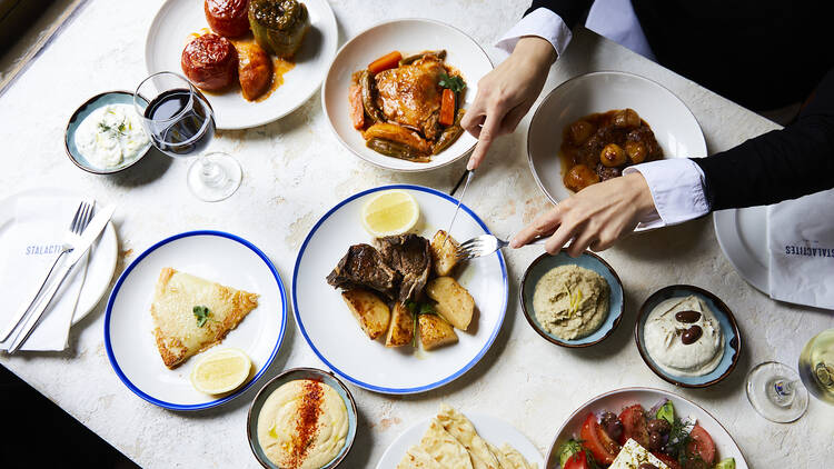 An overhead view of a table topped with dishes from Stalactites.