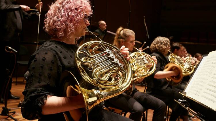 A line of musicians sit playing brass instruments, the closest musician having pink curly hair.