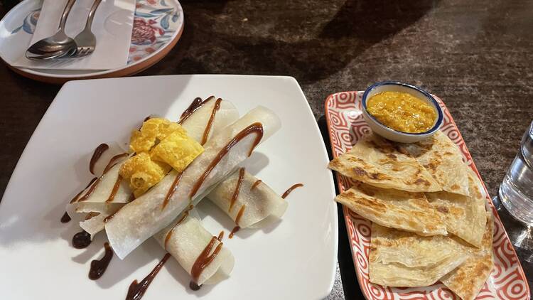 Roti with satay sauce and duck pancakes from the Liebig.