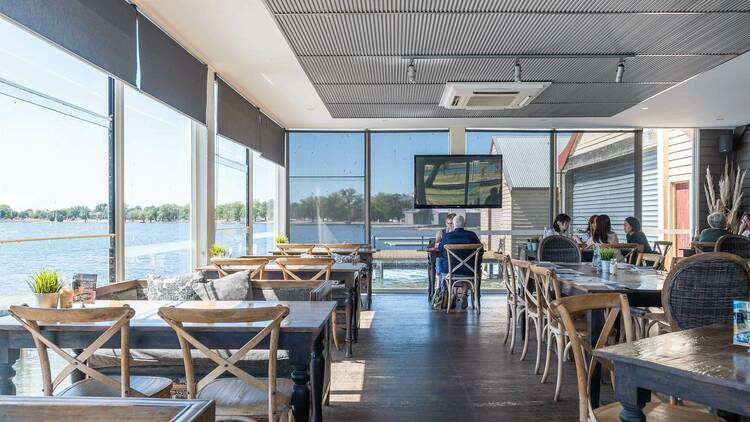 A dining room on a lake