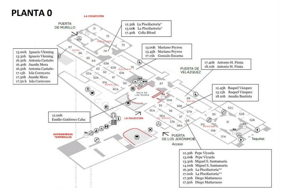 Mapa del Museo del Prado en el que se señalan las salas y horarios de los recitales de poesía