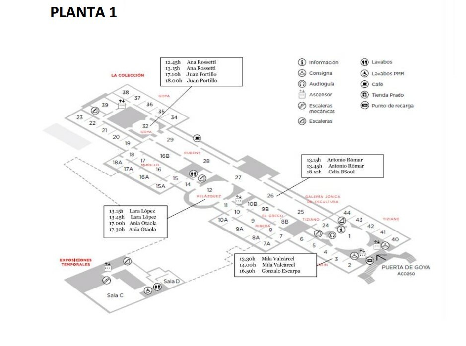 Mapa del Museo del Prado en el que se señalan las salas y horarios de los recitales de poesía