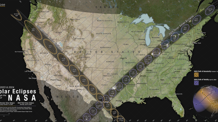 NASA's Scientific Visualization Studio Map - Eclipse map with major cities, states, paths, Moon shadows and partial lines.