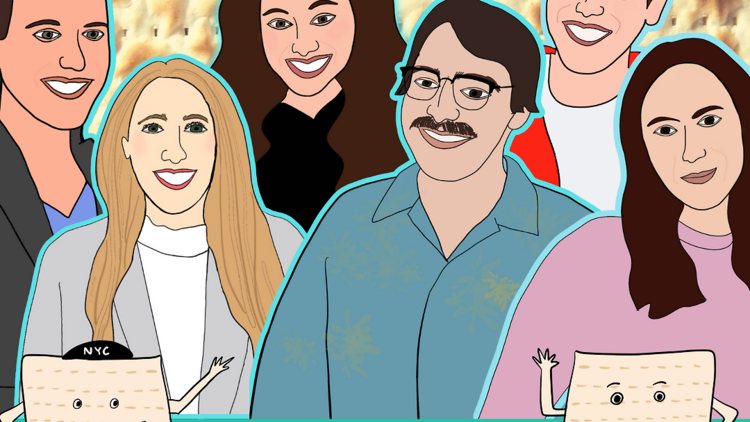 An illustration of six comedians drawn with cartoon matzah in the corners of the image.