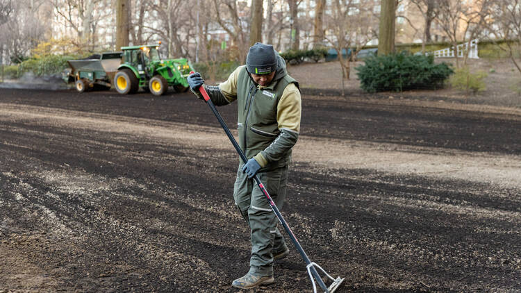 The Turf Care team at work in Central Park, aerating and seeding a large patch of dirt.