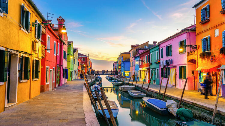 Colourful Burano Island Near Venice At Sunset