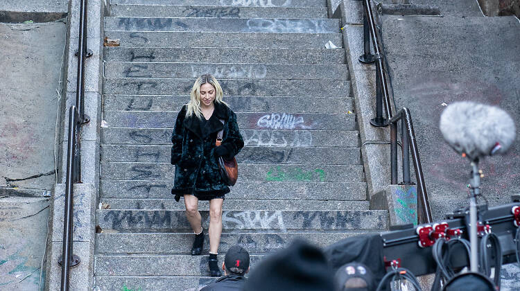 Lady Gaga on the Bronx staircase filming Joker 