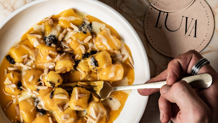 A plate of gnocchi next to a glass of wine.