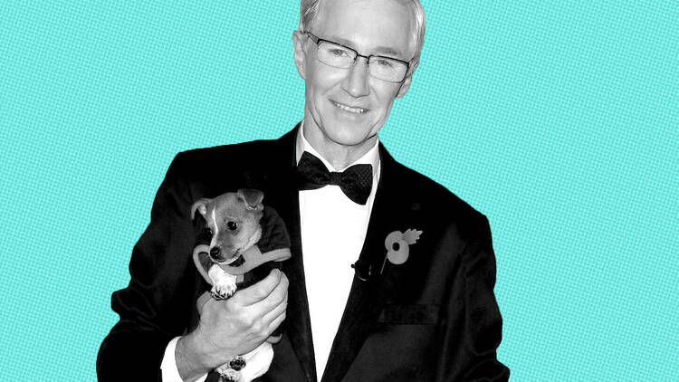 Comedian Paul O'Grady holding an adorable puppy whilst dressed in a dapper suit