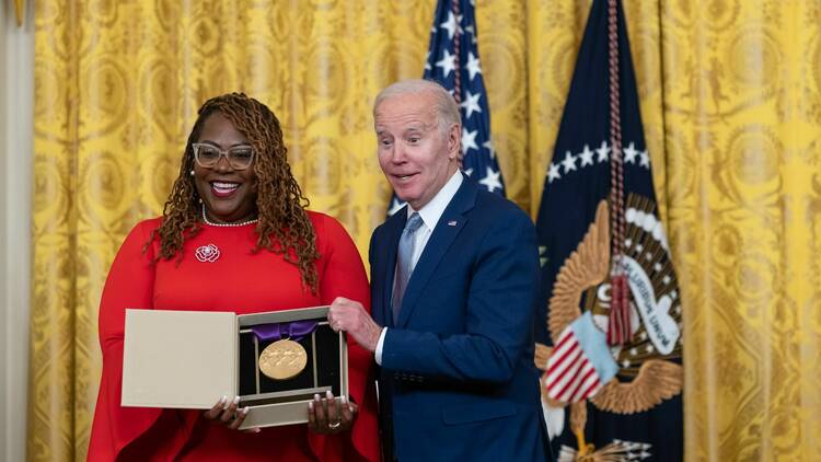 Blondel Pinnock receives the National Medal of Arts from President Joe Biden.