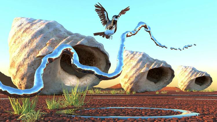 A digital artwork featuring a metallic bird flying over rocks.