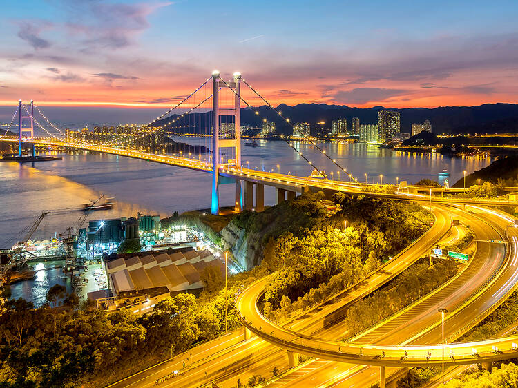 Tsing Ma Bridge in Hong Kong city at dusk