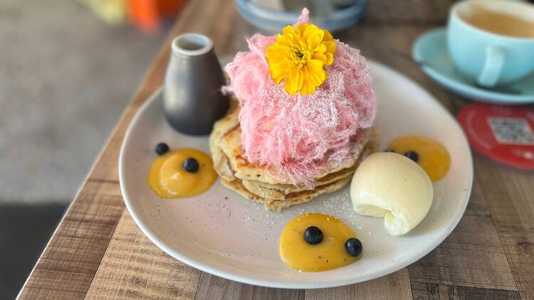 Pancakes with pink fairy floss on top