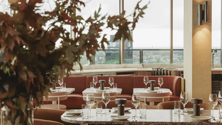 A plant in the foreground of a sky-high dining setting with set tables, glassware, red seating and urban views from the windows.