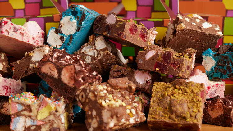 Blocks of assorted rocky road chocolate. 