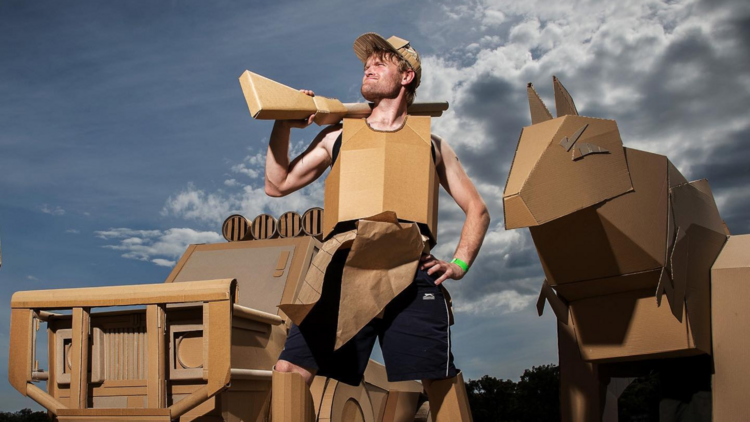 A box man with box art sculptures 
