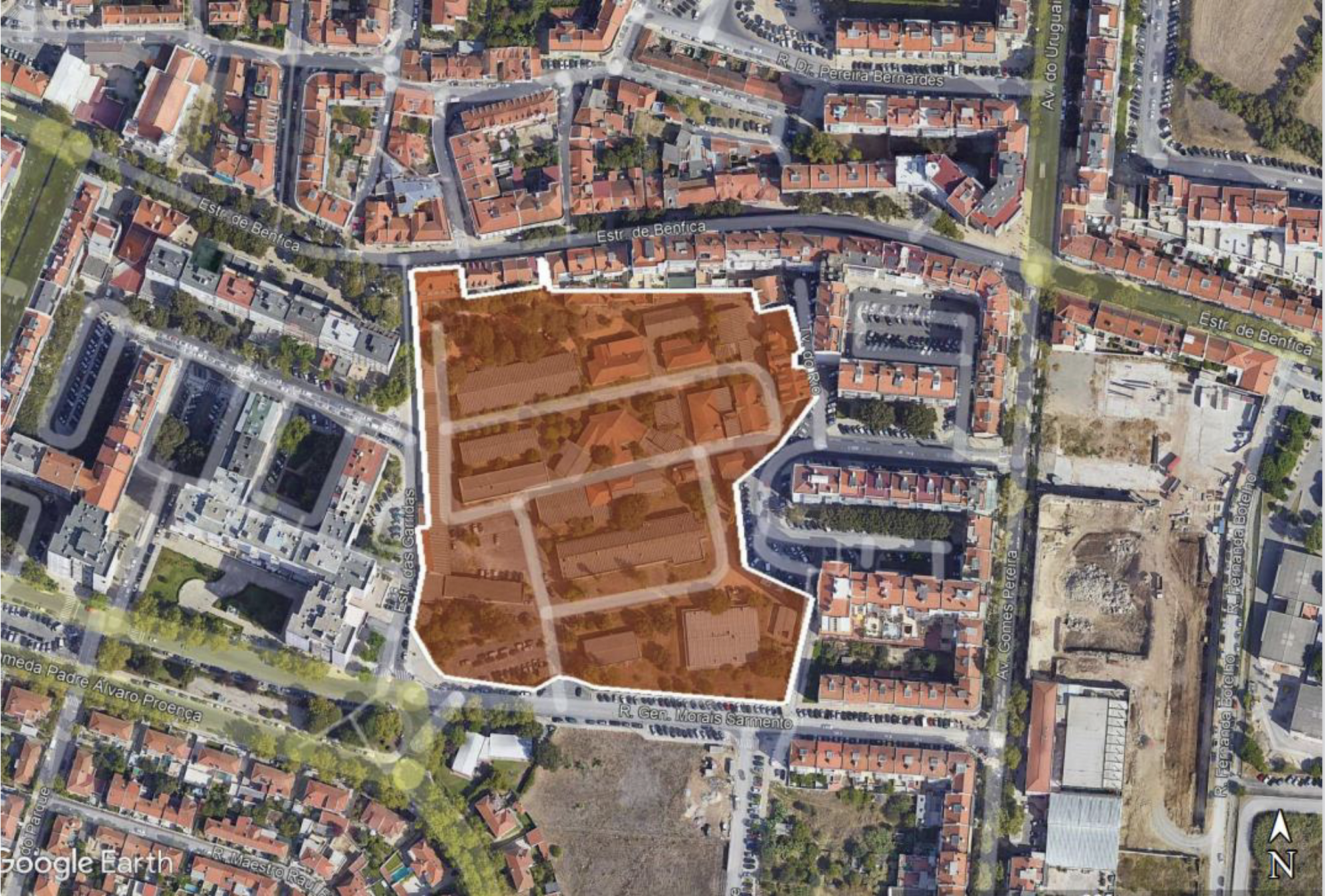 A zona de intervenção, entre a Estrada de Benfica e as ruas das Garridas e General Morais Sarmento