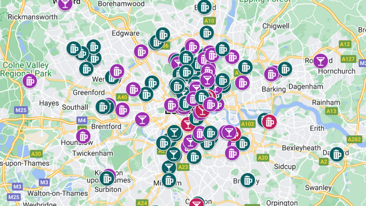 Map of London pubs open late 