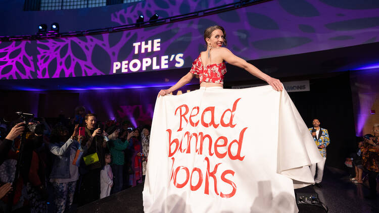 A dress with a skirt that says Read Banned Books.