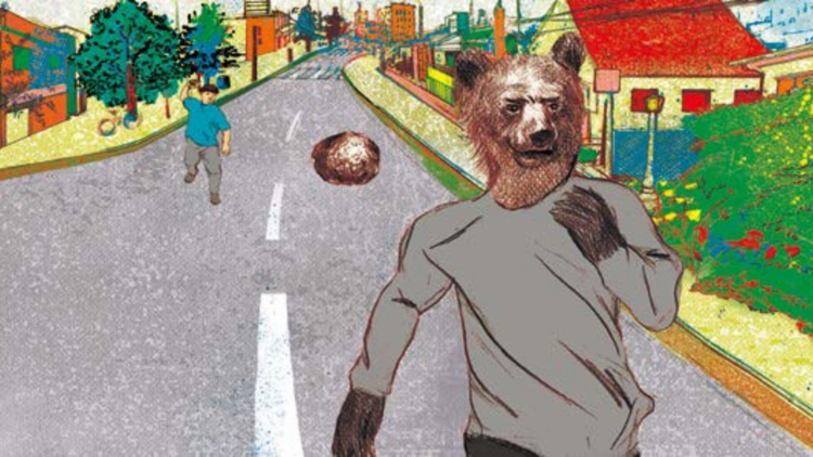 A painting of a bear running down a street