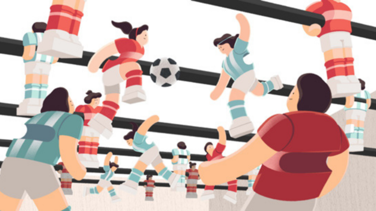 A drawing of animated characters playing soccer